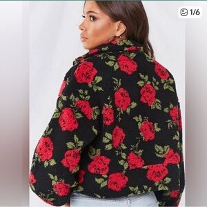 Forever 21 red rose teddy cropped coat